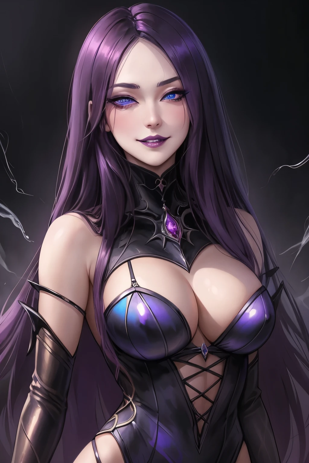 強力なスーパーevil女がクローズアップでポーズをとる, Black Goddess (Bare shoulders), length, Flowing purple hair, View your viewers, Highly detailed face, Perfect hands, Blue smoke swirling around her, evil事を愛する, Captivating blue eyes, Dark fantasy, , realistic girl rendering, 8k artistic german bokeh, Enchanting girl, Real Girls, Gurwitz, Gurwitz-style artwork, Girl Roleplay, Realistic 3D style, cgstation Popular Topics,, 8K Portrait Rendering,(truth,truth:1.4)、Genuine, Symmetric, High detail, Esoteric arachnids lady, Spider Queen Elise, League of Legends, Esoteric arachnids, Combat Stance, ( The body is made with liquid metallic paints in metallic mauve and metallic black...、It beautifully depicts the female form...。), length, Sharp Fangs, nature, ((Complex metallic colors in the foreground)), (( Fluid Mechanics, The most beautiful smooth scale face makeup, Smirking expression)) - Dark blood, Onyxia、Noir painting of a beautiful young witch, length purple hair, dark purple lips, evil, evil女, smile, Black Prom Dress, She is coming to you, close, Bright Blue Eyes, Surrounded by swirling pink smoke, Genuine, High detail, Highest quality