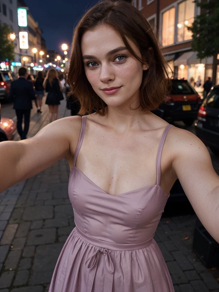 1 swedish girl, cheap phone camera quality, solo, southern belle, [Keira Knightley:0.8], dark strawberry blonde ((short)) hair, freckles, blue eyes, (Swedish face, swedish body), 25 years old, BREAK, (((selfie))), ((she's wearing: mauve dress)), sexy, seductive, smile, ((background: busy street)), BREAK, snapchat, (at night, dim light, harsh shadows), (((Infinite focus)))
