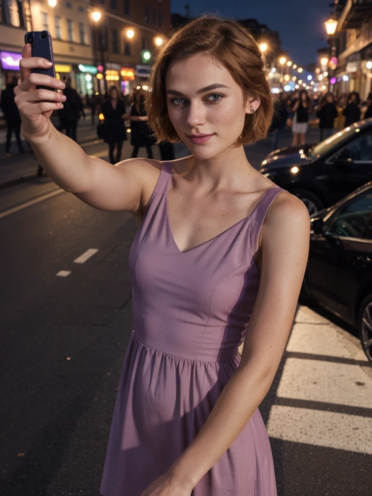 1 swedish girl, cheap phone camera quality, solo, southern belle, [Keira Knightley:0.8], dark strawberry blonde ((short)) hair, freckles, blue eyes, (Swedish face, swedish body), 25 years old, BREAK, (((selfie, upper body))), ((she's wearing: mauve dress)), dynamic pose, sexy, seductive, smile, ((background: busy street)), BREAK, (((Infinite focus)))
