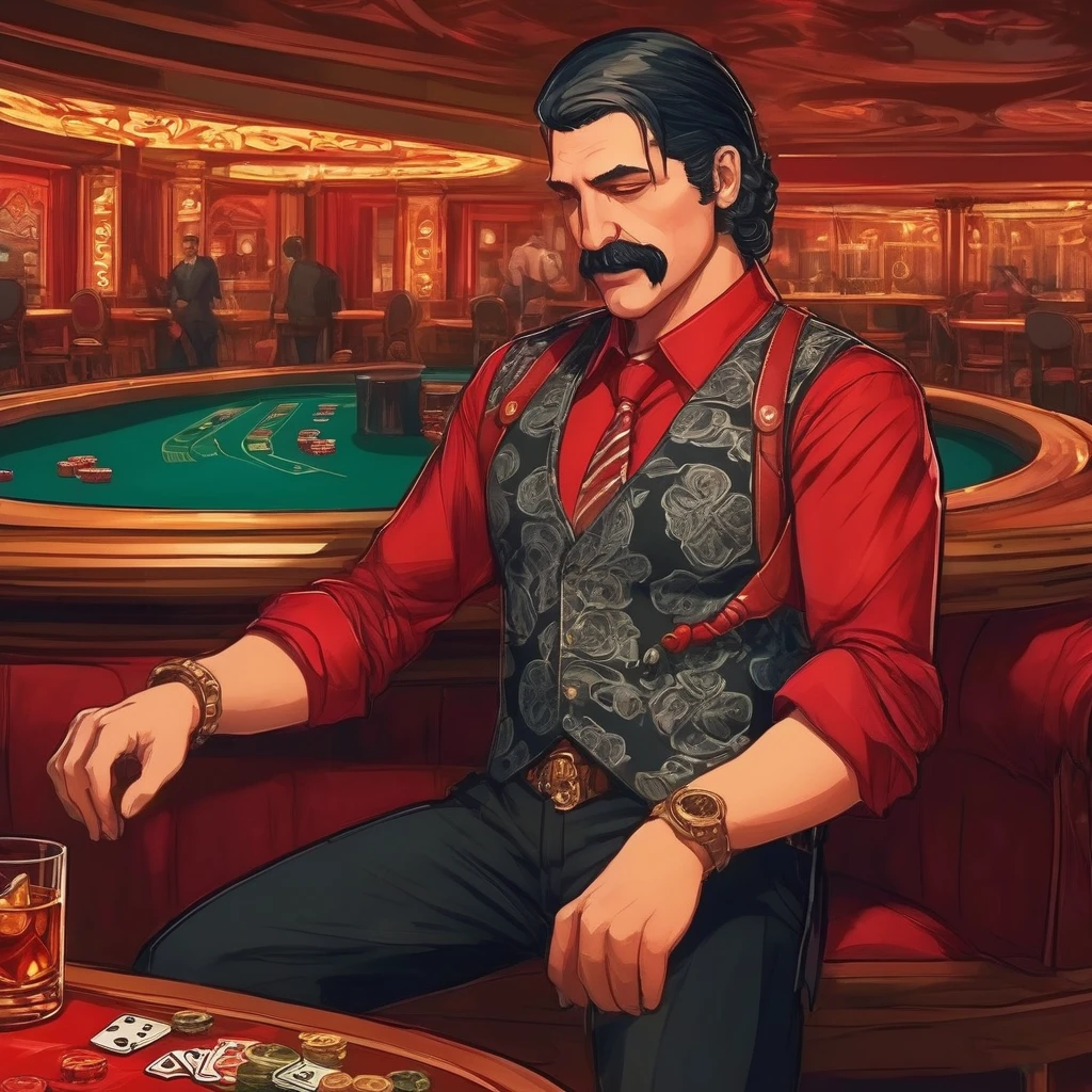 (masterpiece, Best Quality:1.2), 1 chico, Alone, thenahualli, grave, Dangerous man, elegant, black vest, Red shirt, feel, feel on sofa, drinking whiskey, in a tropically designed casino in Las Vegas, casino with wooden design, Torch lighting