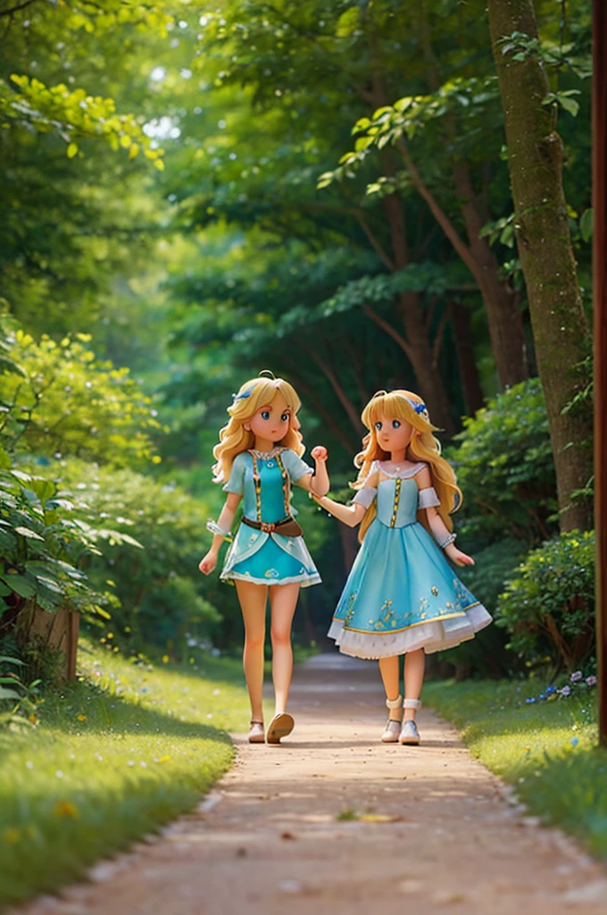 with long golden hair and bright eyes full of sparkles and a blue color, finds herself holding the hand of a fairy with short blonde hair, while they find themselves on a path with a bright road inside a fantasy forest
