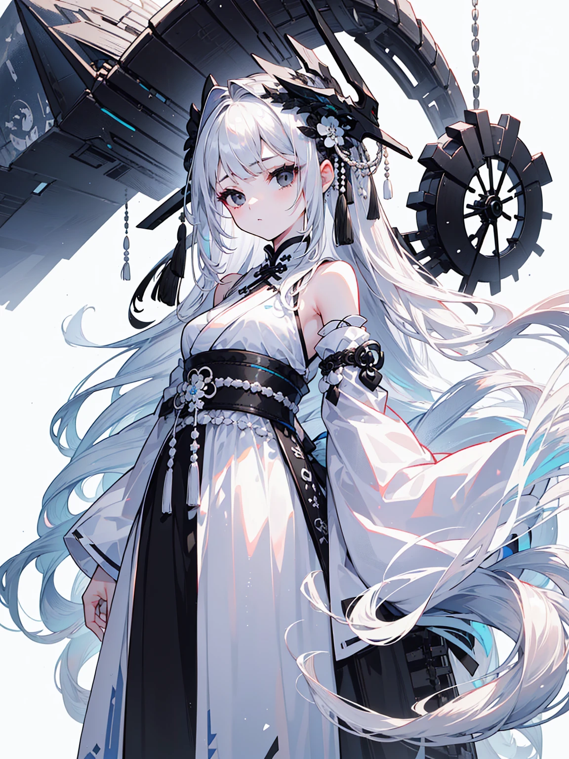 (Top image quality)、(Ultra Detailed)、(Facing forward)、top quality、masterpiece、(((1 girl)))、Silver Hair、white hair、((Long hair))、(black eyes:1.6)、(Hanfu)