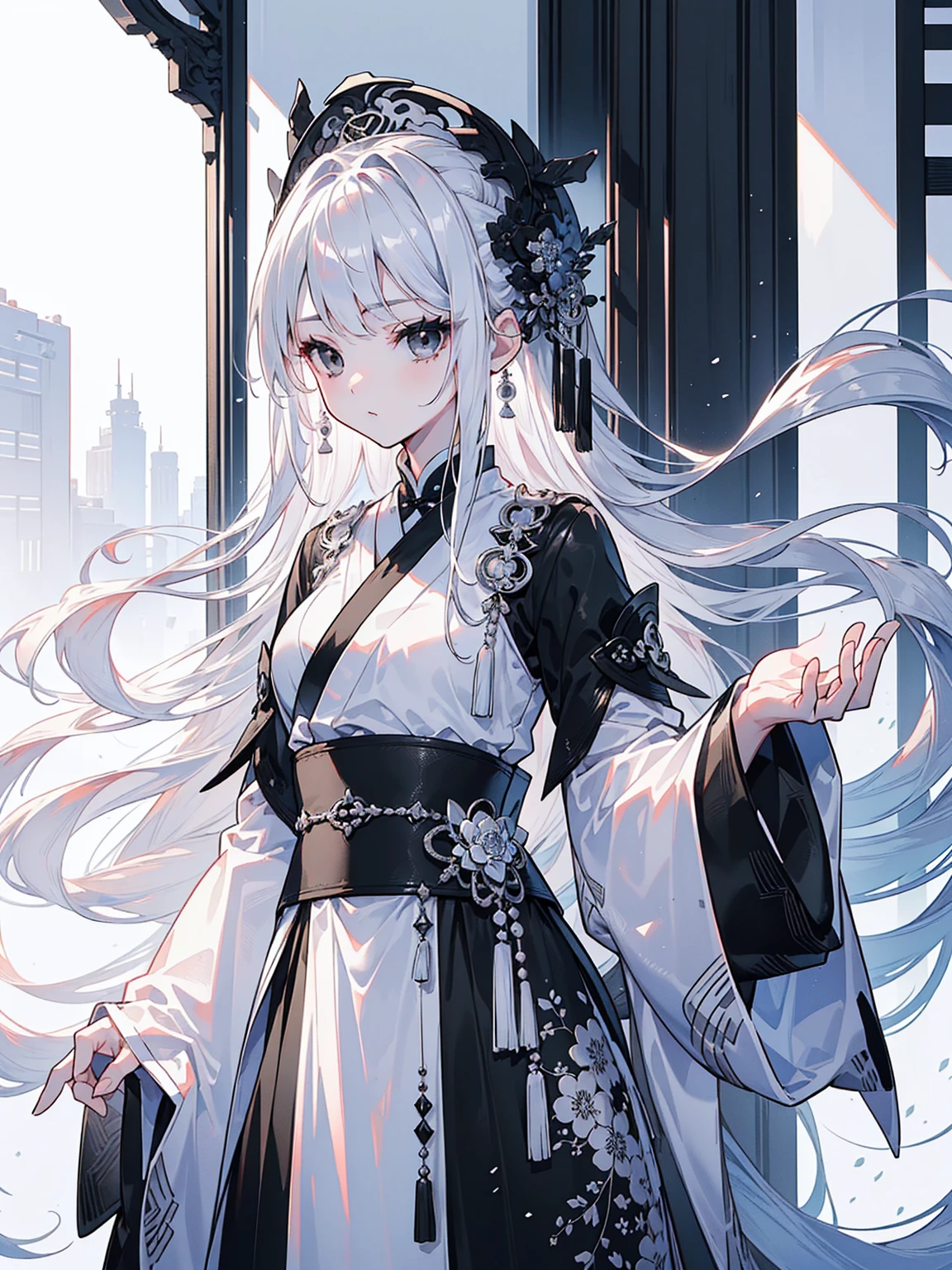 (Top image quality)、(Ultra Detailed)、(Facing forward)、top quality、masterpiece、(((1 girl)))、Silver Hair、white hair、((Long hair))、(black eyes:1.6)、(Hanfu)