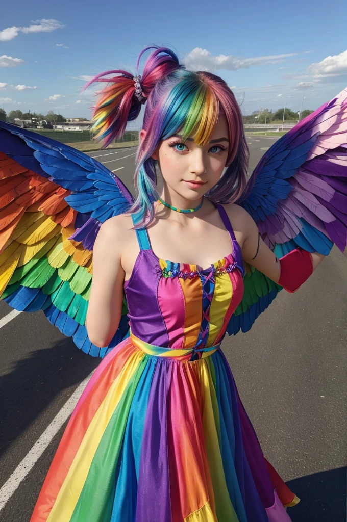 A girl with rainbow hair rainbow eyes and rainbow wings and Rainbow dress with full clothes and she is flying