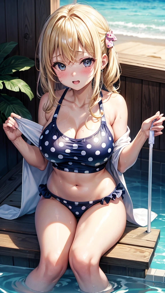 (highest quality)), ((masterpiece)), (family friendly), Perfect Face,Shiny skin,Beautiful breasts,Kyoto Animation style drawing,Shiny skin、hoodie、Sunburned skin、Sweat、Off the shoulder、((Polka dot swimsuit))、Double teeth、Sit on a chair、Leg spread
、Young、Big Breasts、Embrace、hot spring、dark skin、close、near、Having popsicles、night、Blonde、bath towel、Belly button