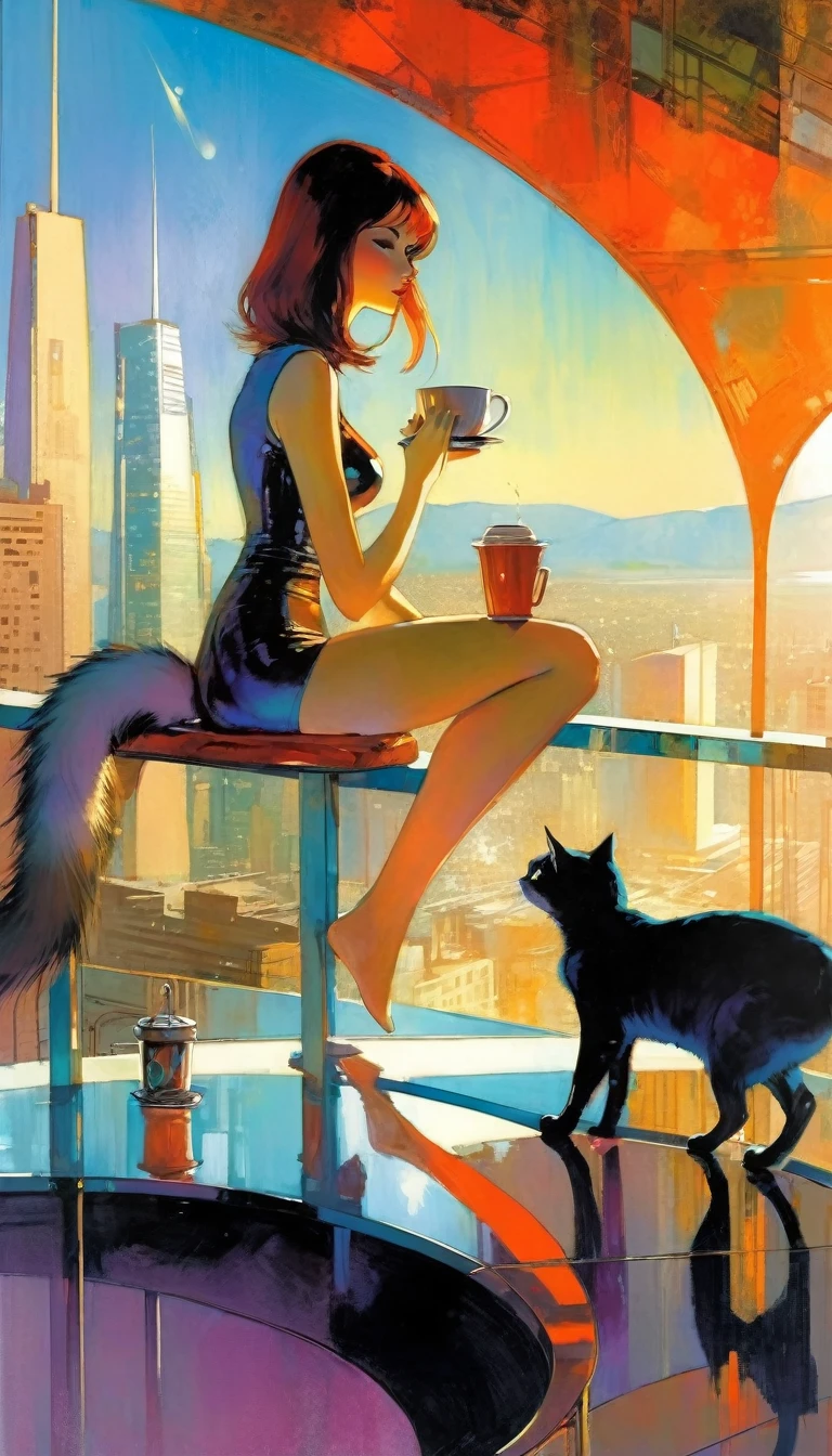 sexy girl and her pet cat, having a coffee, enjoying the views from a large terrace, views of a futuristic city:1.5. (art inspired in Bill Sienkiewicz). oil painting)
