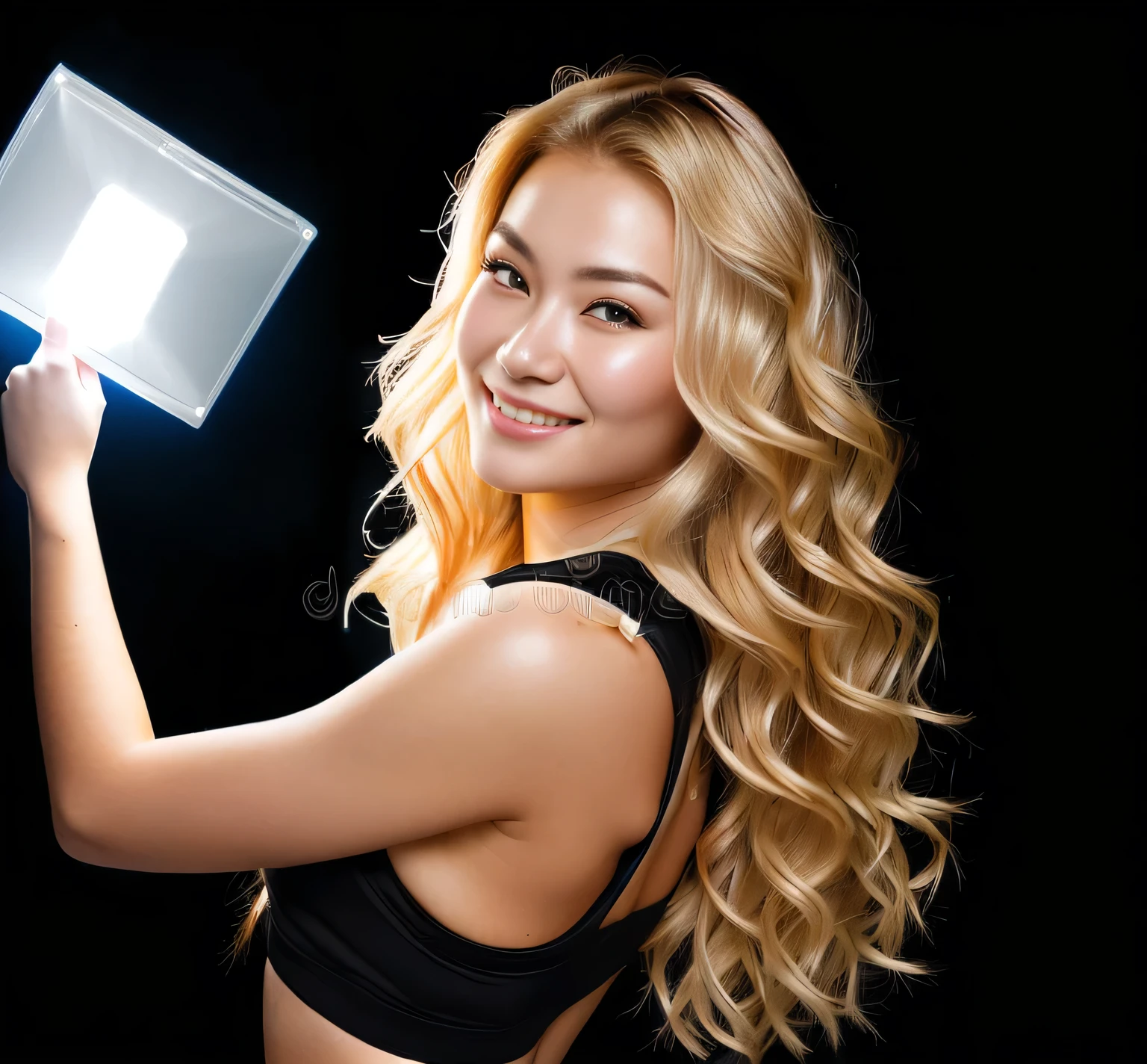 A beautiful sexy Kazakh girl 25 years old looks at the camera with a large bust in full growth, smiling happily, with long wavy blond hair in full length in an sports top and sports shorts, minimalist plain, posing for the camera, looks at the camera, one hand raised and pointing upward with the index finger, in stock photography style, studio light, on a black background, (((((backlight))))), contrast light, mystical lighting, (((shadow areas)))