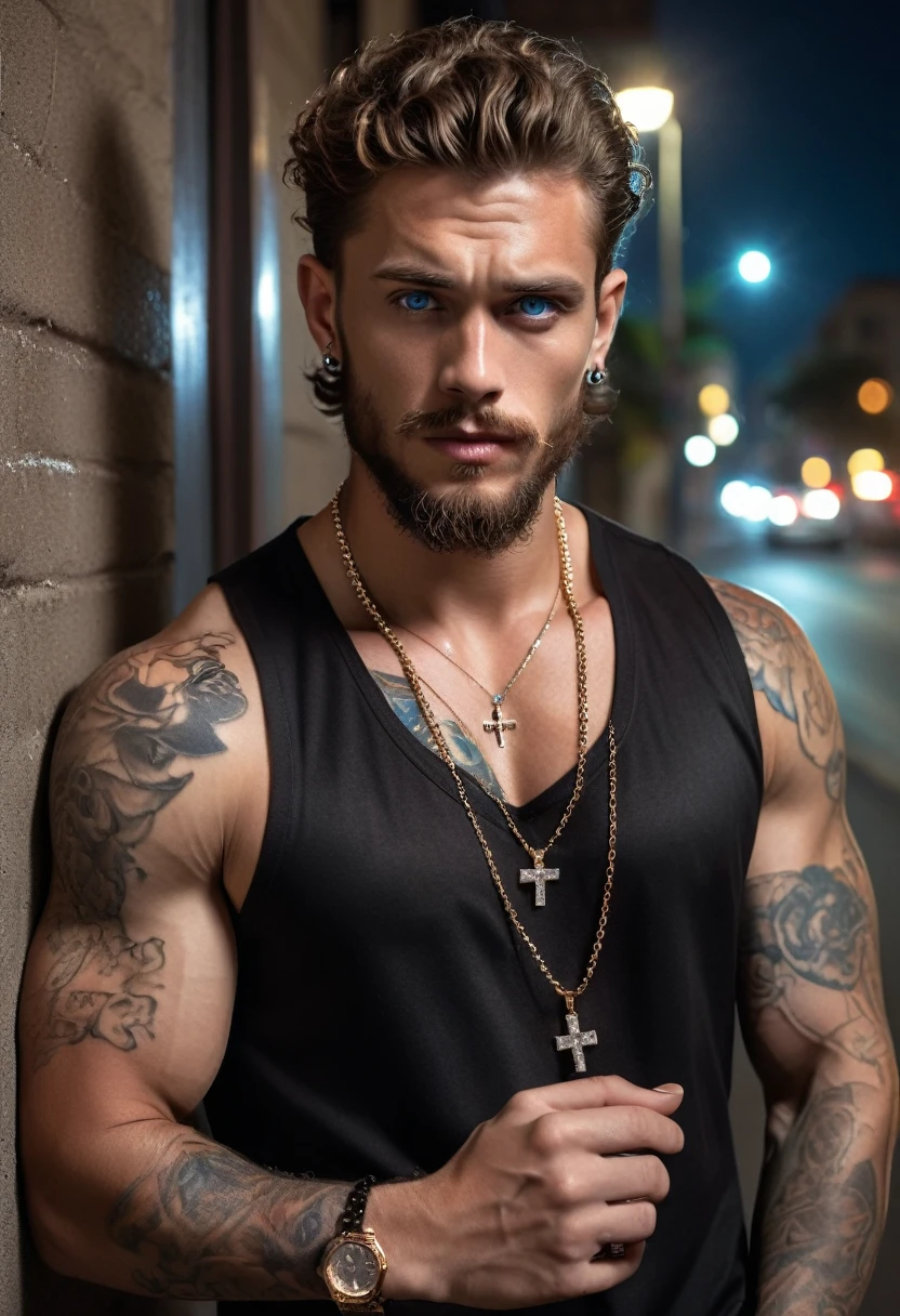 A male with jawline,  blue eyes, brown curly hair, small diamond cross ear studs, hollywood style brown beard, neck tattoos and tattoos on hand, wearing diamond chain and rolex watch, wearing a black silky shirt and jeans, leaning to a wall on street at night. Smoking cigar, wet hair, muscular body.