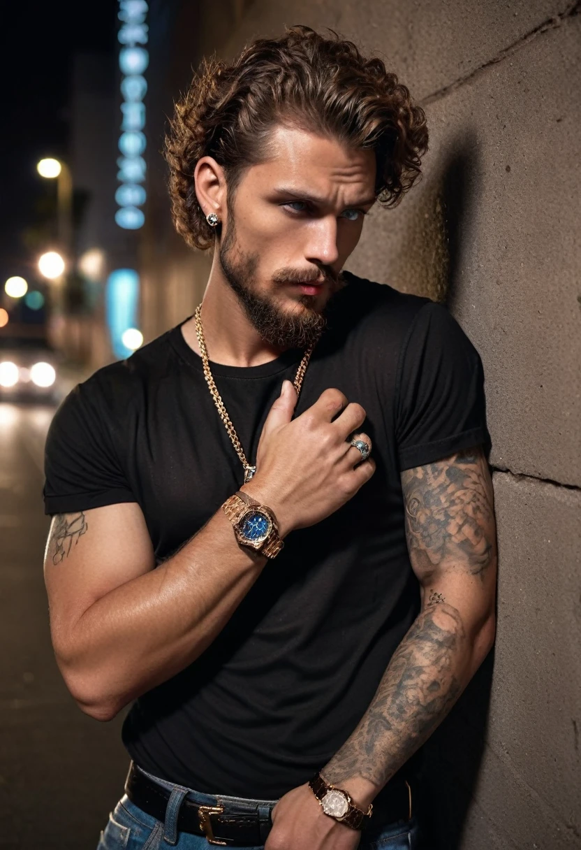 A male with jawline, blue eyes, brown curly hair, small diamond cross ear studs, hollywood style brown beard, neck tattoos and tattoos on hand, wearing diamond chain and rolex watch, wearing a black silky shirt and jeans, leaning to a wall on street at night. Smoking cigar, wet hair, muscular body.