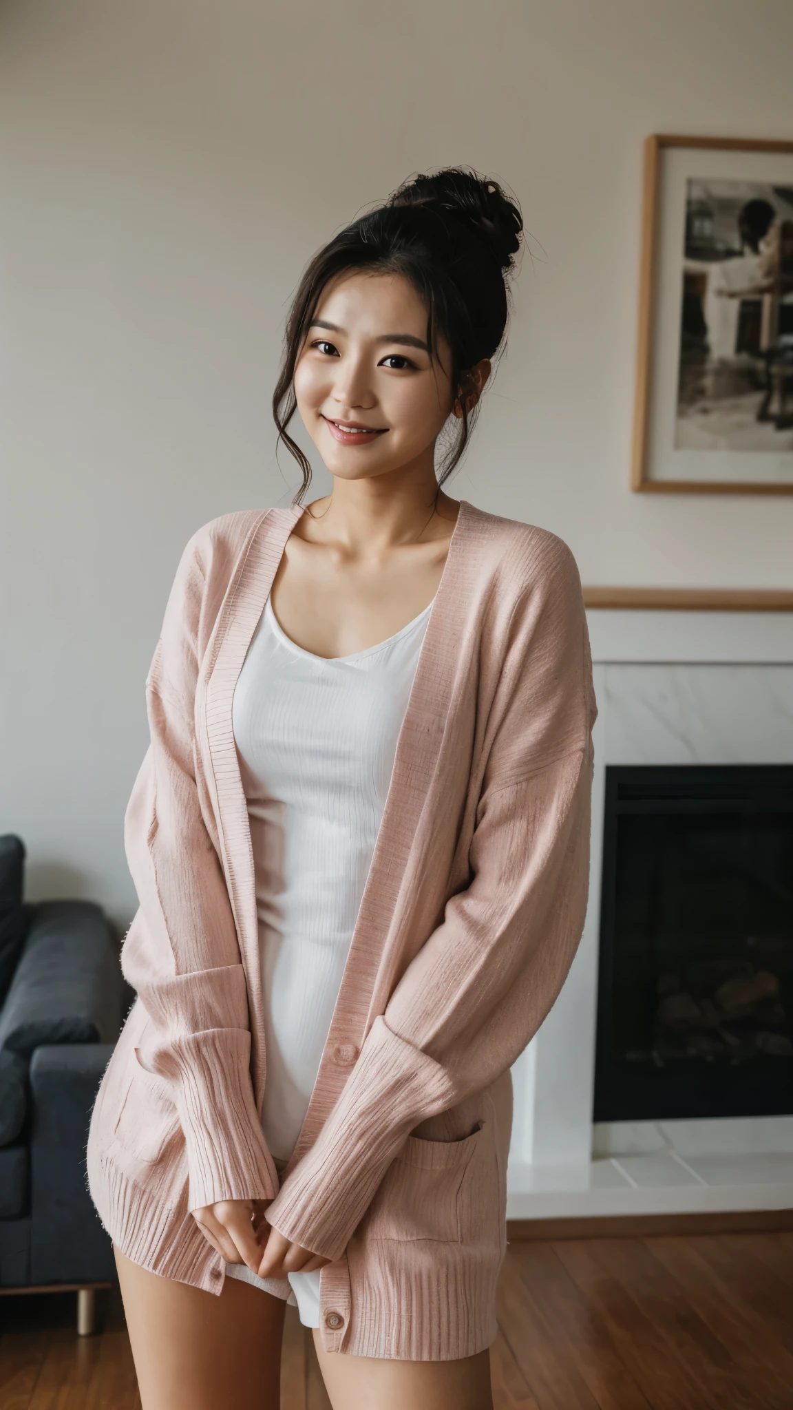 a young cute Korean man in a pink cardigan, white dress, large hair bun, standing in living room, face straight to viewer, shy pose, serene expression, cute face, detailed face, detailed clothing, detailed background, natural lighting, warm colors, beautiful scenery, intricate details, highly detailed, photorealistic, 8k, ((masterpiece)), cinematic style, portrait