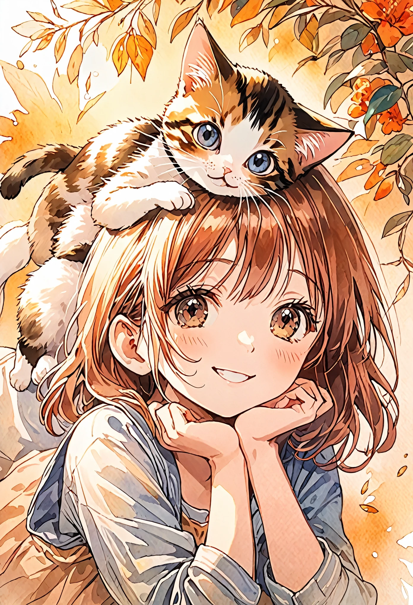 1Girl, 1cat, Detailed and clear watercolor painting. A girl is smiling widely and pointing above her head. A kitten is perched on top of the girl's head with its arms and legs hanging down. The cat also seems relaxed. Very beautiful anime illustration with warm background colors