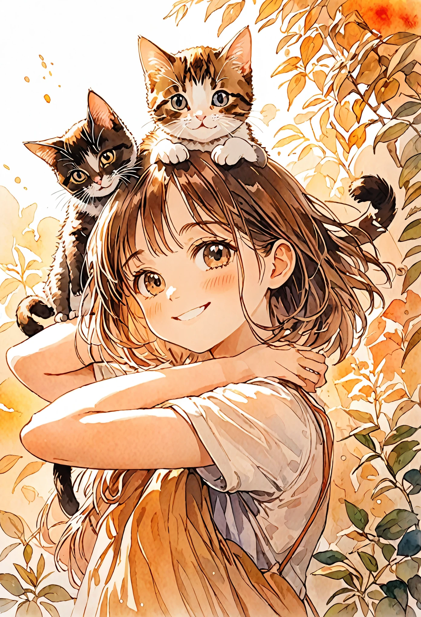 1Girl, 1cat, Detailed and clear watercolor painting. A girl is smiling widely and pointing above her head. A kitten is perched on top of the girl's head with its arms and legs hanging down. The cat also seems relaxed. Very beautiful anime illustration with warm background colors