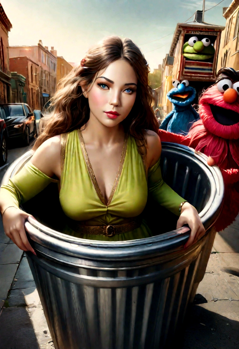 A 30 year old woman in a sheer green stocking outfit, climbing into a garbage can while Sesame Street muppets watch, (best quality,4k,8k,highres,masterpiece:1.2),ultra-detailed,(realistic,photorealistic,photo-realistic:1.37),1girl, detailed facial features, beautiful detailed eyes, beautiful detailed lips, extremely detailed face, long eyelashes, beautiful woman, elegant outfit, detailed garbage can, Sesame Street muppets, whimsical, surreal, colorful, vibrant colors, dramatic lighting