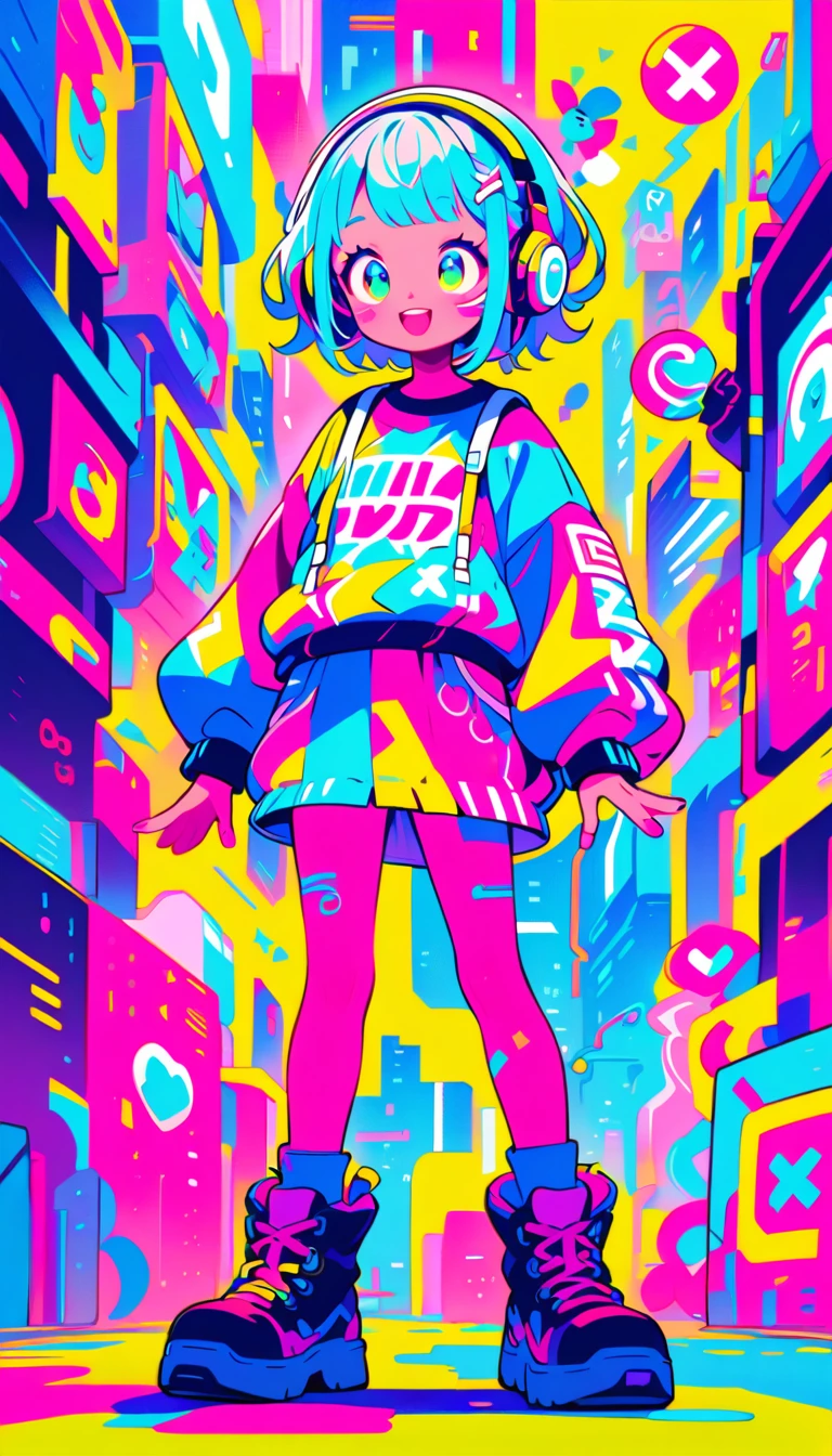 pop、bright、colorful, 1 female, Light blue hair,　short hair、Happy,cute, animation style, kawaii, clearly, colorful cyberpunk, bubblegum pop, cute、Pink and light blue as main colors, Headphonesをしている、Headphones、whole body, entire body, standing, simple background,