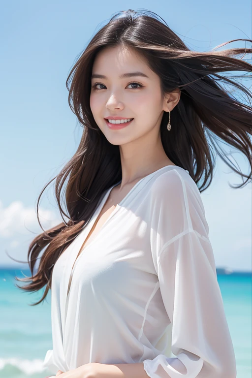 highest quality、4K、Perfect Face、Perfect Style、perfect body、Sunburn、beautiful lady、mature、long straight layer hair、Swept-back hair、full body, sexy 、charming、healthy、smile、windy、floating hair,shiny hair、white onepiece、blue sky