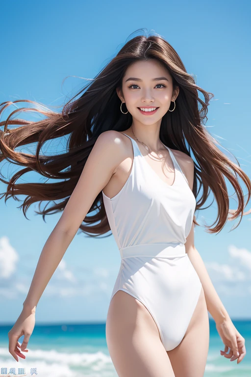 highest quality、4K、Perfect Face、Perfect Style、perfect body、Sunburn、beautiful lady、mature、long straight layer hair、Swept-back hair、full body, sexy 、charming、healthy、smile、windy、floating hair,shiny hair、white onepiece、blue sky