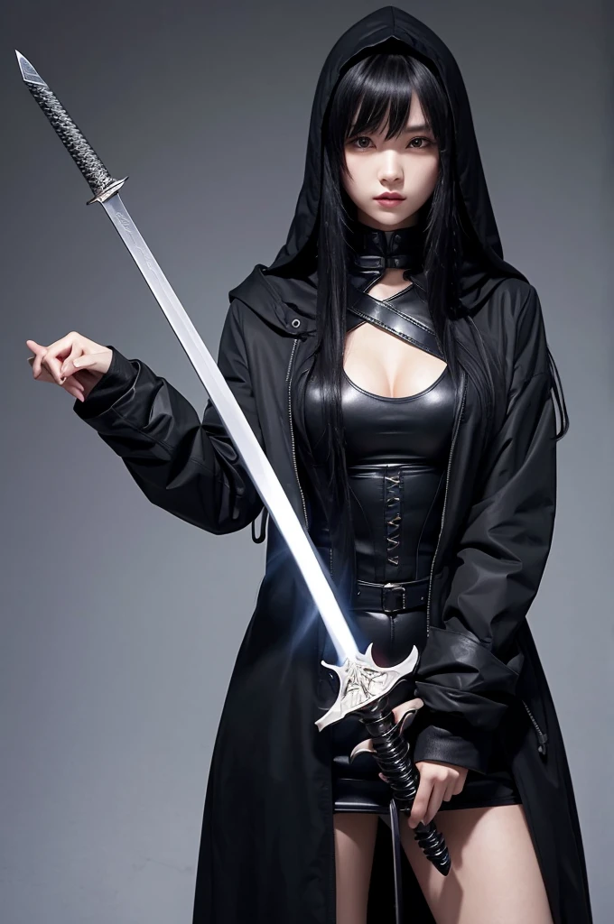 Long Black Hair　Girl wearing long black jacket with hood　tall　Slightly larger breasts　With bangs　Thin legs　Has a cool sword