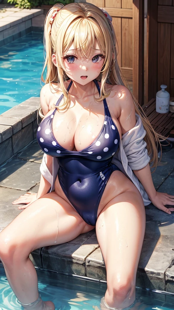 (highest quality)), ((masterpiece)), (family friendly), Perfect Face,Shiny skin,Beautiful breasts,Kyoto Animation style drawing,Shiny skin、hoodie、Sunburned skin、Sweat、Off the shoulder、((Polka dot swimsuit))、Double teeth、Sit on a chair、Leg spread
、Young、Big Breasts、Embrace、hot spring、dark skin、close、near、Having popsicles、night、Blonde、bath towel、Belly button