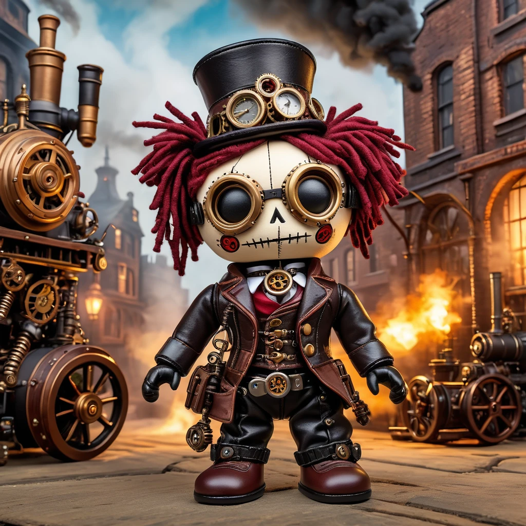 (knitted toy voodoo doll:1.2), (Voodoo Steampunk:1.3), (Clothing: Leather corset, aviator glasses, gears and mechanical parts:1.0), (in the background Steam engines, airships and Victorian buildings:1.2), best quality, masterpiece, detailed soft oil painting, detailed background, dramatic cinematic lighting, soft edge lighting, professional, dramatic lighting, hard edge lighting, ultra quality, 4k, masterpiece, best quality, 8k, ultra high definition, high resolution, extremely detailed