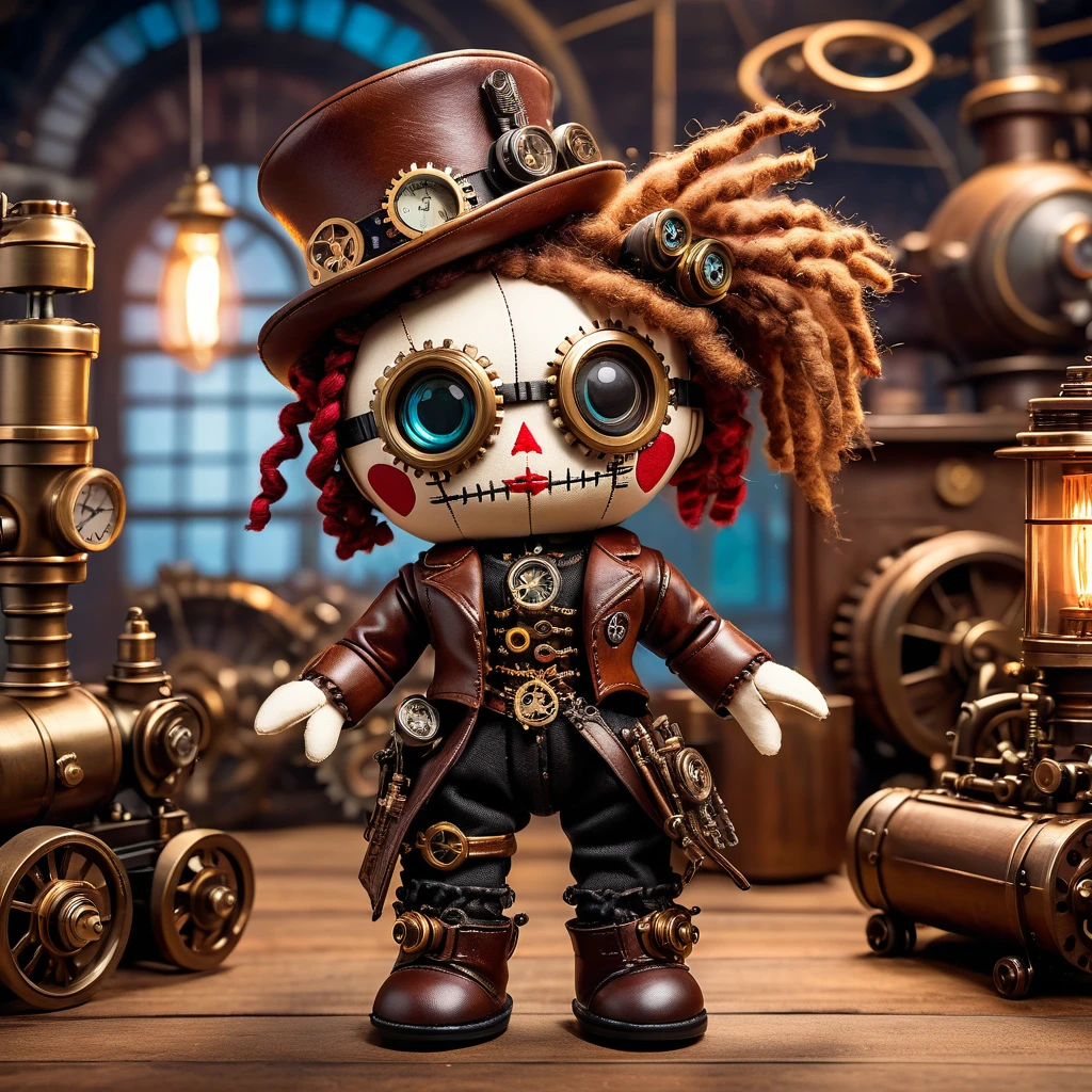 (knitted toy voodoo doll:1.2), (Voodoo Steampunk:1.3), (Clothing: Leather corset, aviator glasses, gears and mechanical parts:1.0), (in the background Steam engines, airships and Victorian buildings:1.2), best quality, masterpiece, detailed soft oil painting, detailed background, dramatic cinematic lighting, soft edge lighting, professional, dramatic lighting, hard edge lighting, ultra quality, 4k, masterpiece, best quality, 8k, ultra high definition, high resolution, extremely detailed