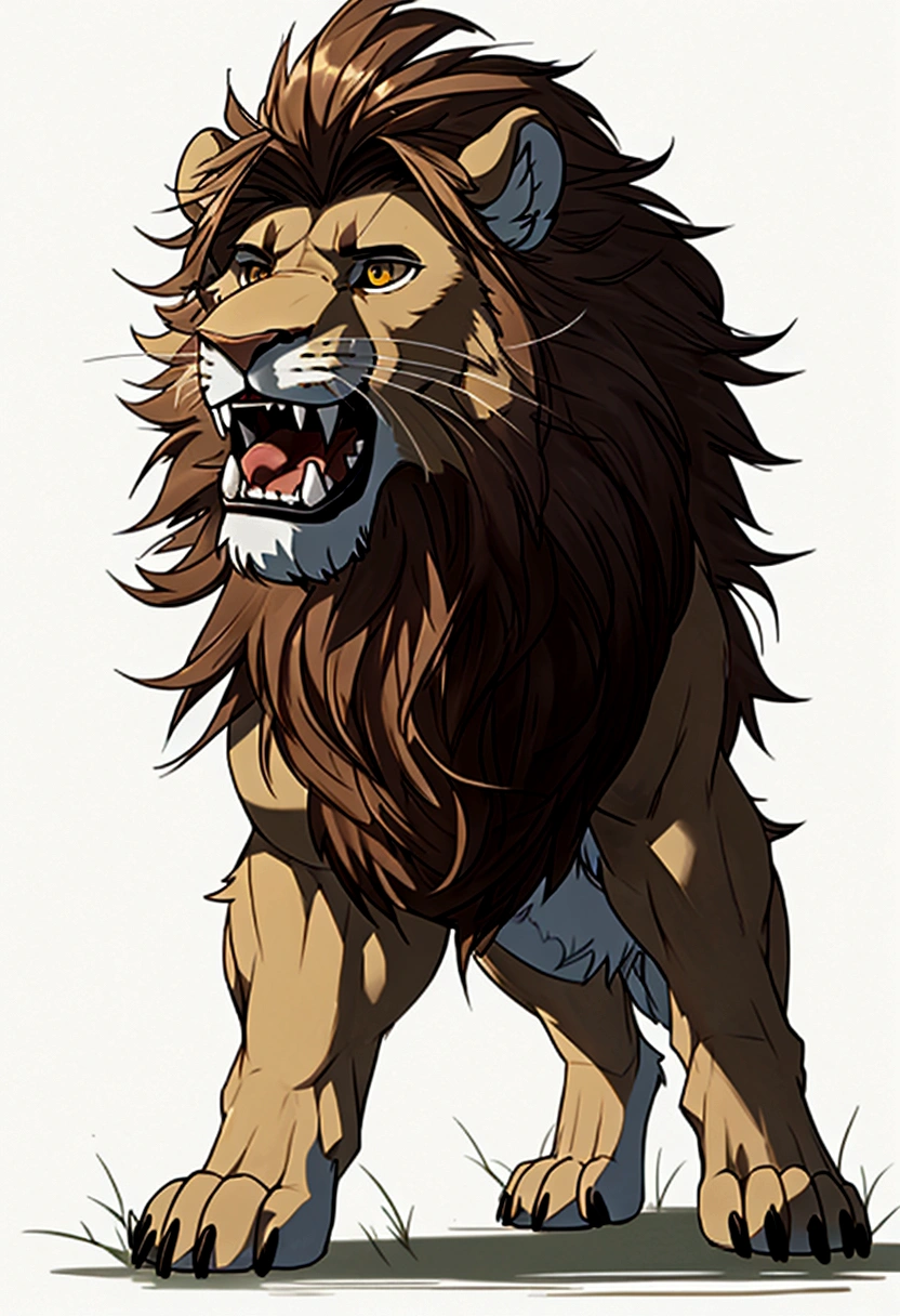 Lion with open mouth, full length, stands on two legs, a lush mane, mouth open, fangs and teeth visible, realistic style, high quality, plain background