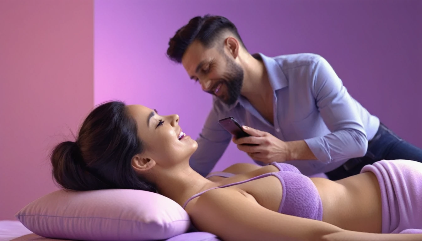 point of view from computer, we can see woman wearing bra doing erotic massage to man on a bed using computer, sensually, orgasm, mans mouth flirtingly smiling, liquid drops, skin, minimalistic, in a light purple and pink style, with soft edges and blurred details, with a 3D render, on a colorful background, with a minimalist stage design, in a surreal style, with a cinema4D rendering, with a minimalist style, with low saturation, using gradient colors, with a cinema4D rendering, with a blender rendering, with super detail, at a super high resolution, at a super high definition