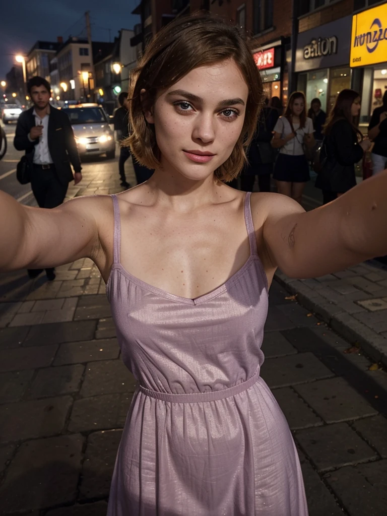 1 swedish girl, cheap phone camera quality, solo, southern belle, [Keira Knightley:0.8], dark strawberry blonde ((short)) hair, freckles, blue eyes, (Swedish face, swedish body), 25 years old, BREAK, (((selfie))), ((she's wearing: mauve dress)), sexy, seductive, smile, ((background: busy street)), BREAK, snapchat, (at night, dim light, harsh shadows), (((Infinite focus)))
