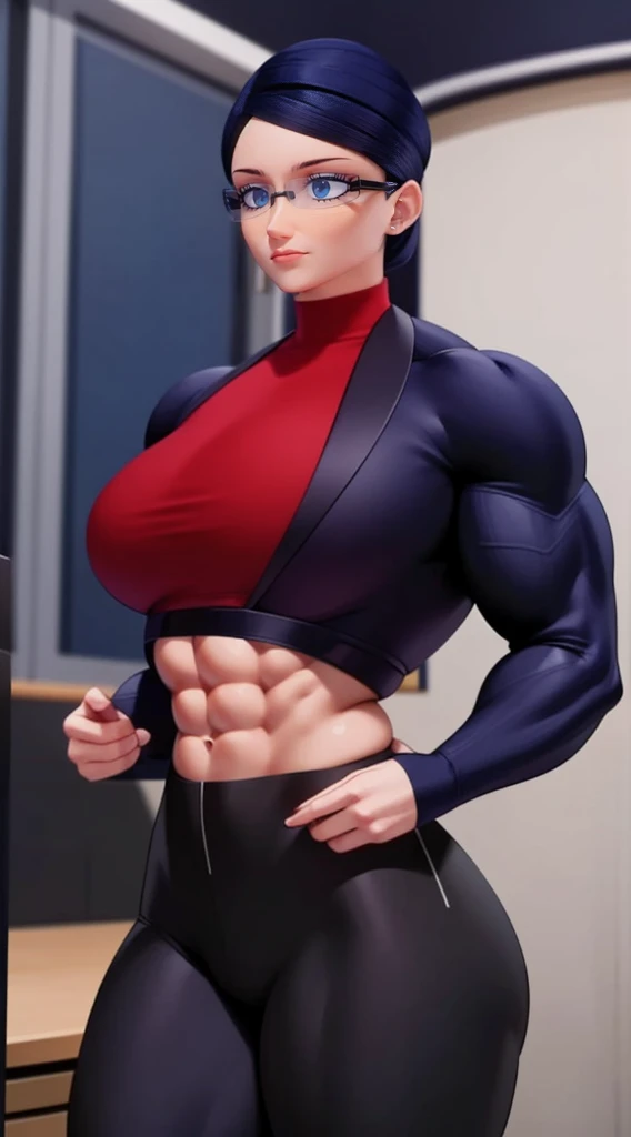 a muscular female bodybuilder in red bra inside office suit, and her hair is dark blue and a bit red from end to the right side of head, detailed face, beautiful detailed eyes, beautiful detailed lips, extremely detailed face and muscles, long eyelashes, strong muscles bulging through suit, dynamic pose, professional studio lighting, hyperrealistic, 8k, high quality, photorealistic, physically-based rendering, concept art, dramatic color palette,((abs))