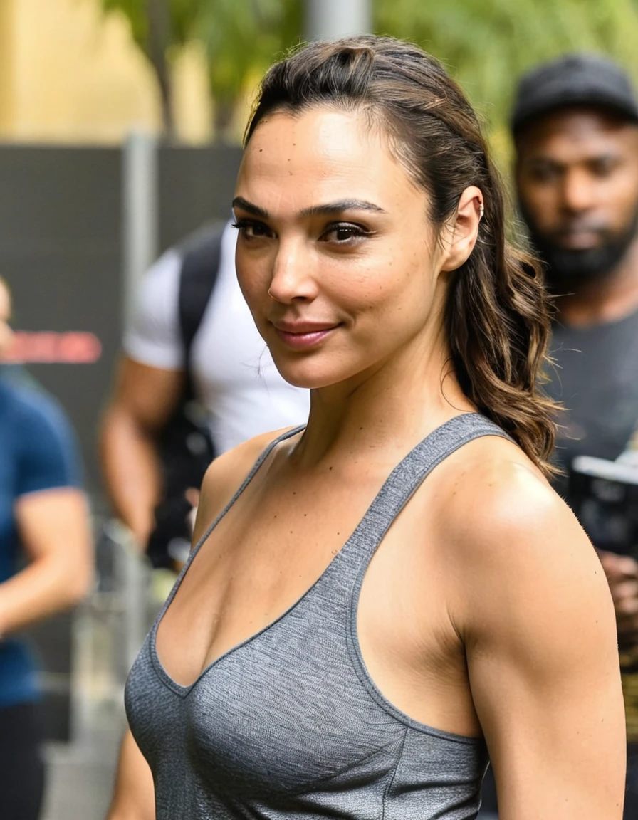  high quality  Erotic paparazzi photograph  (GalGadot  , HaiStei) random erotic photograph , she is wearing a sweaty, tight  tshirt , random move, smile ,warm environment , bright sun,seductive, tired woman , fit muscular woman  (,  depth of field, insanely detailed skin texture, hyper detailed features )