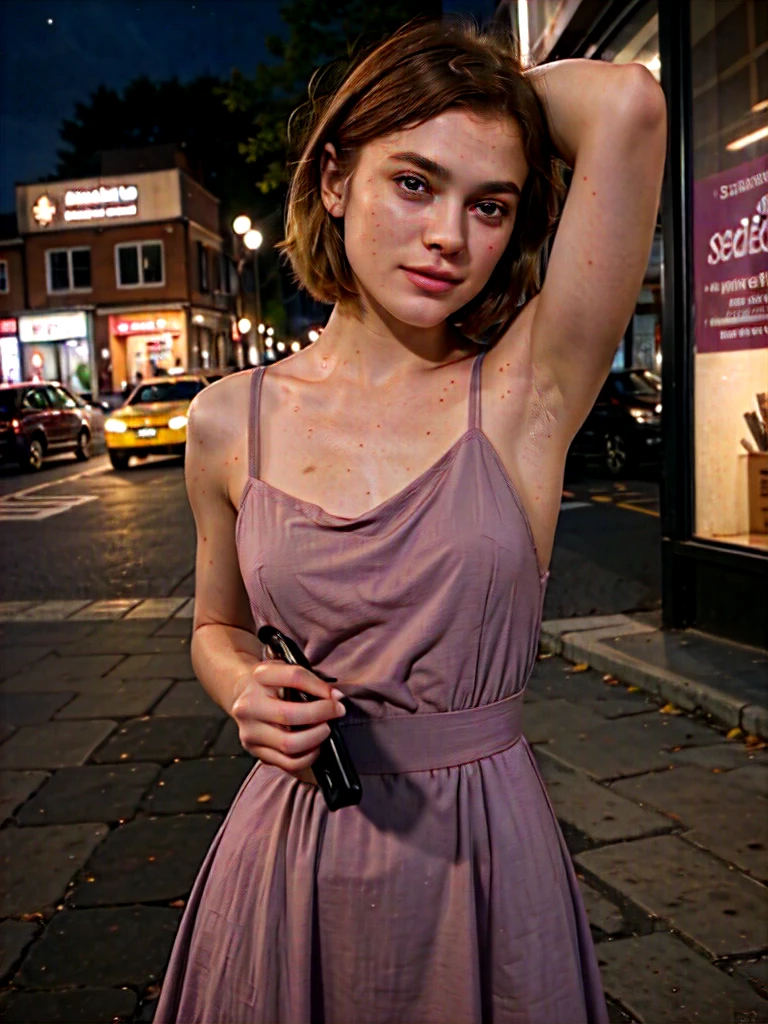 1 swedish girl, cheap phone camera quality, solo, southern belle, [Keira Knightley:0.8], dark strawberry blonde ((short)) hair, freckles, blue eyes, (Swedish face, swedish body), 25 years old, BREAK, (((selfie))), ((she's wearing: mauve dress)), sexy, seductive, smile, ((background: busy street)), BREAK, snapchat, (at night, dim light, harsh shadows), (((Infinite focus)))
