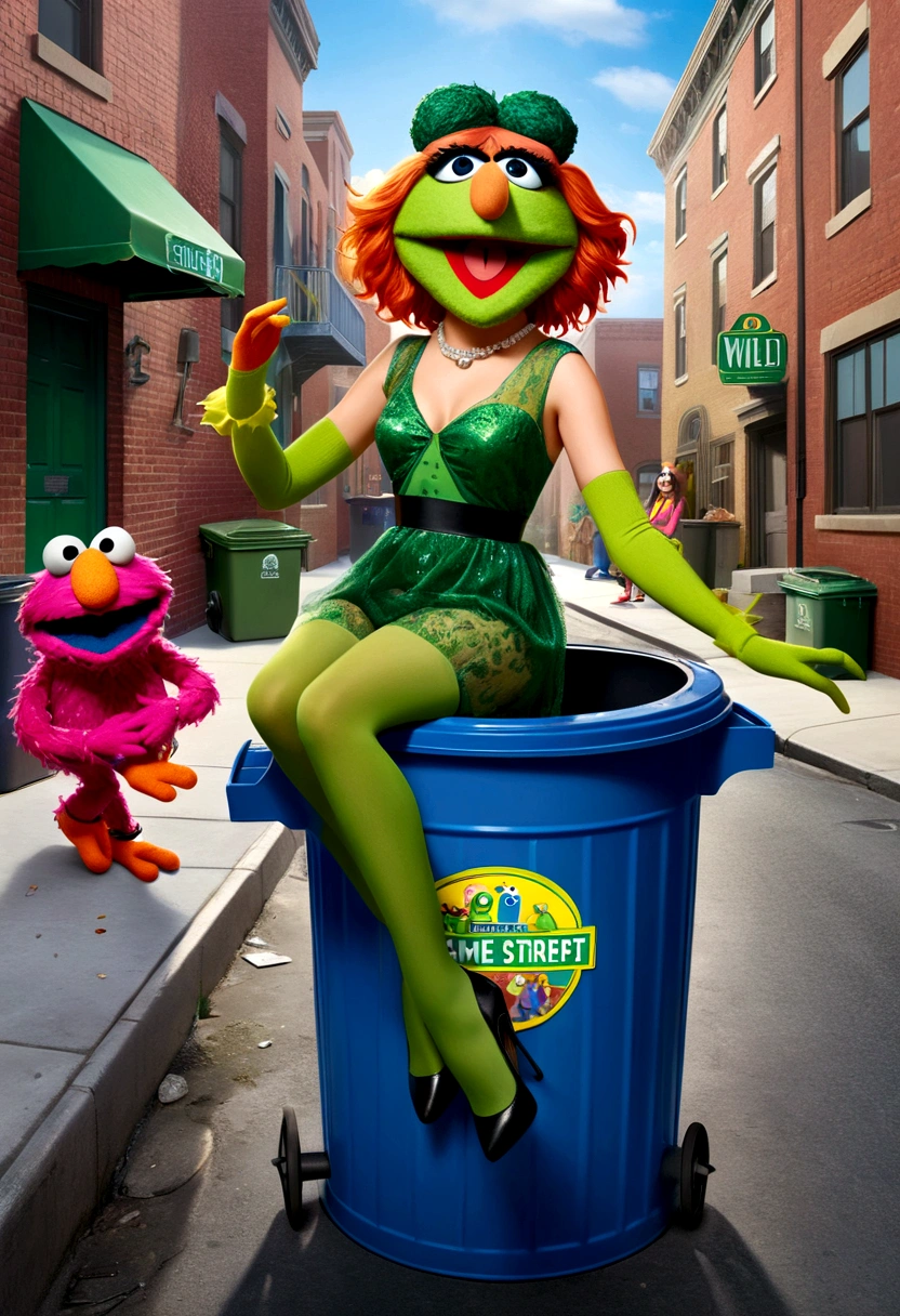 A 30 year old woman in a sheer green stocking outfit, climbing into a garbage can while Sesame Street muppets watch, (best quality,4k,8k,highres,masterpiece:1.2),ultra-detailed,(realistic,photorealistic,photo-realistic:1.37),1girl, detailed facial features, beautiful detailed eyes, beautiful detailed lips, extremely detailed face, long eyelashes, beautiful woman, elegant outfit, detailed garbage can, Sesame Street muppets, whimsical, surreal, colorful, vibrant colors, dramatic lighting
