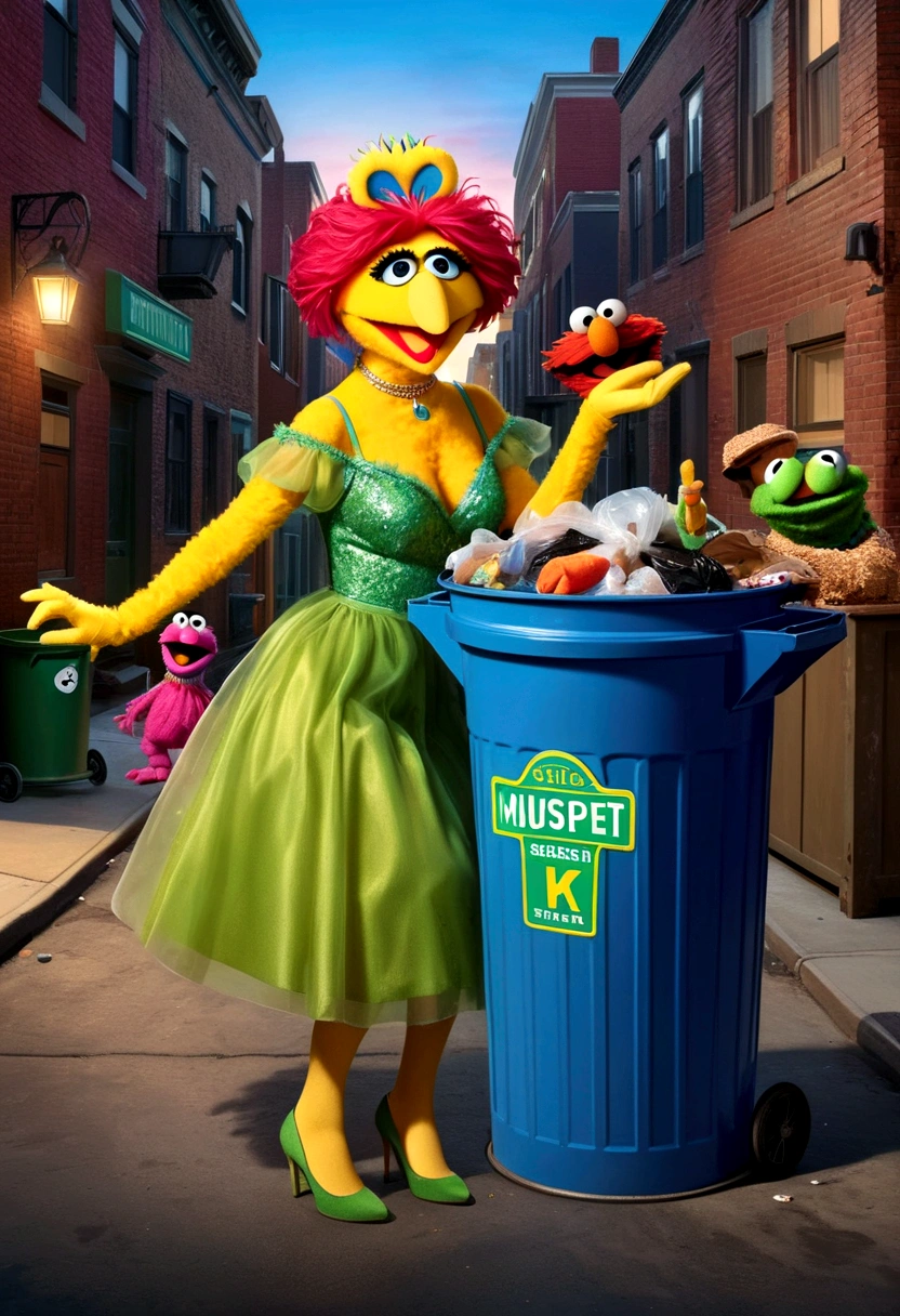 A 30 year old woman in a sheer green stocking outfit, climbing into a garbage can while Sesame Street muppets watch, (best quality,4k,8k,highres,masterpiece:1.2),ultra-detailed,(realistic,photorealistic,photo-realistic:1.37),1girl, detailed facial features, beautiful detailed eyes, beautiful detailed lips, extremely detailed face, long eyelashes, beautiful woman, elegant outfit, detailed garbage can, Sesame Street muppets, whimsical, surreal, colorful, vibrant colors, dramatic lighting