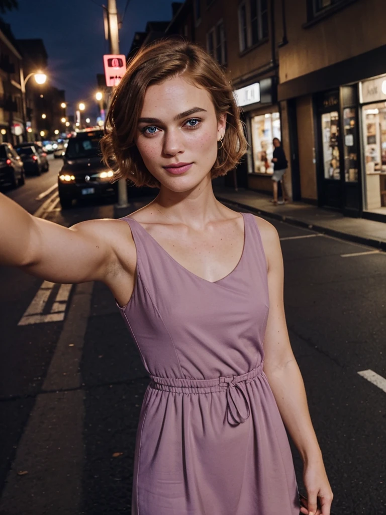 1 swedish girl, cheap phone camera quality, solo, southern belle, [Keira Knightley:0.8], dark strawberry blonde ((short)) hair, freckles, blue eyes, (Swedish face, swedish body), 25 years old, BREAK, ((selfie)), ((she's wearing: mauve dress)), dynamic pose, sexy, seductive, smile, ((background: busy street)), BREAK, (((Infinite focus)))
