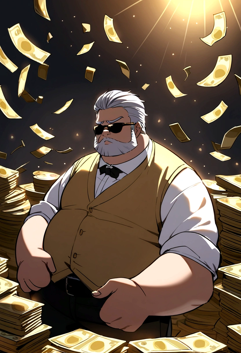 chubby man with gelled grey hair, short hair, black sunglasses, beard, gold earrings, brown-yellow vest, a lot of money