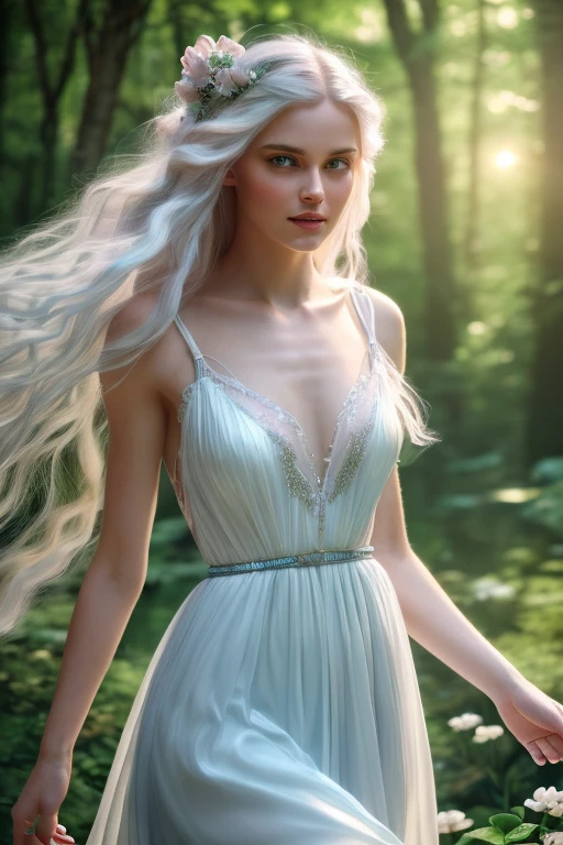 a female elf with silver white long hair, sky blue eyes, pale pink lips, wearing a flowy white dress, walking through an enchanting forest, intricate details, (best quality,4k,8k,highres,masterpiece:1.2),ultra-detailed,(realistic,photorealistic,photo-realistic:1.37),HDR,UHD,studio lighting,ultra-fine painting,sharp focus,physically-based rendering,extreme detail description,professional,vivid colors,fantasy,digital painting,elegant,serene,lush,magical