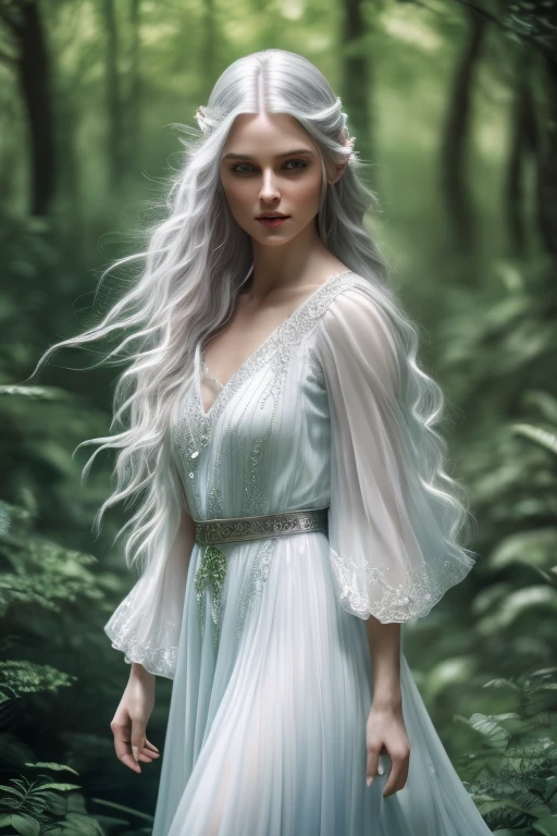 a female elf with silver white long hair, sky blue eyes, pale pink lips, wearing a flowy white dress, walking through an enchanting forest, intricate details, (best quality,4k,8k,highres,masterpiece:1.2),ultra-detailed,(realistic,photorealistic,photo-realistic:1.37),HDR,UHD,studio lighting,ultra-fine painting,sharp focus,physically-based rendering,extreme detail description,professional,vivid colors,fantasy,digital painting,elegant,serene,lush,magical