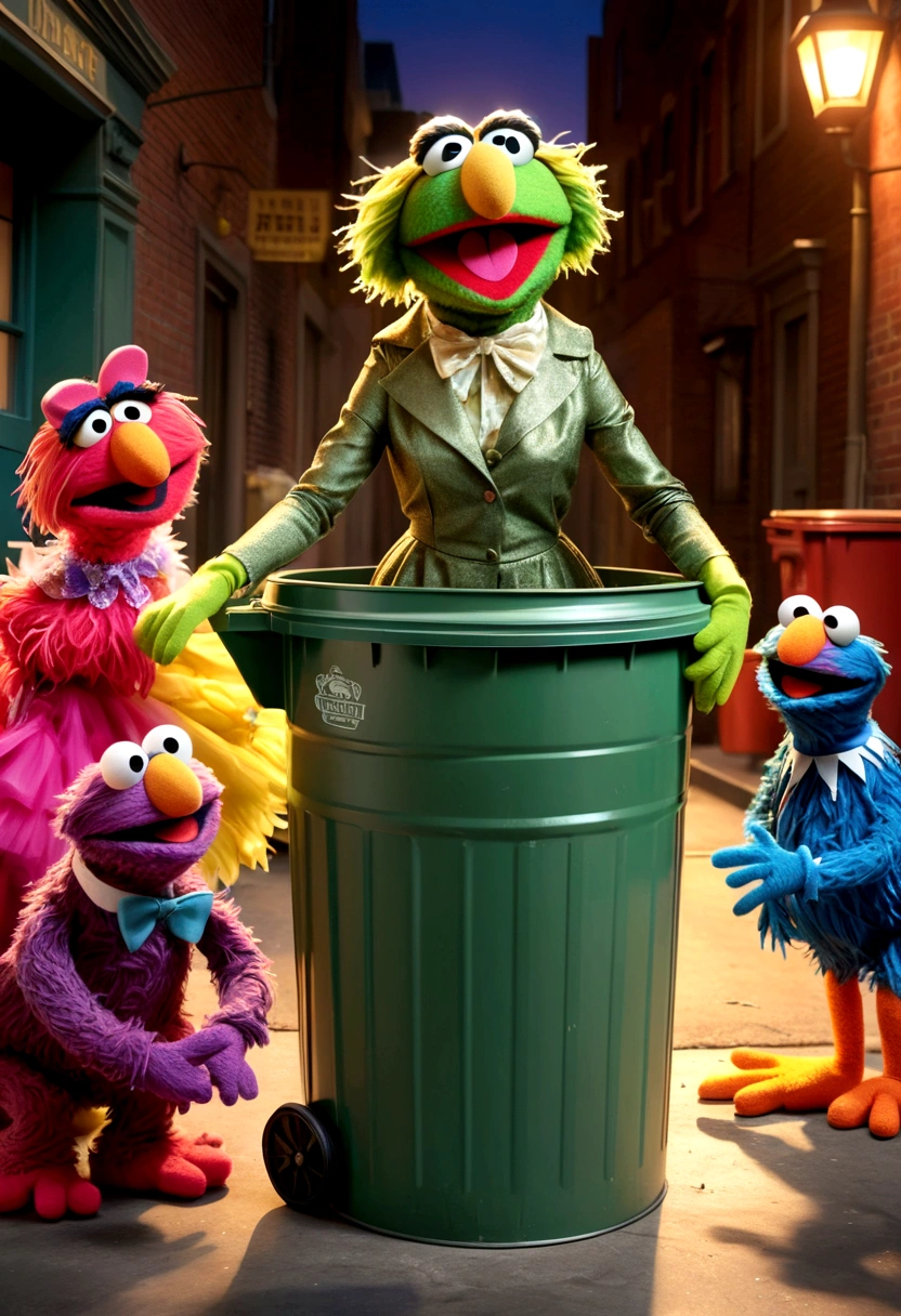 A 30 year old woman in a sheer green stocking outfit, climbing into a garbage can while Sesame Street muppets watch, (best quality,4k,8k,highres,masterpiece:1.2),ultra-detailed,(realistic,photorealistic,photo-realistic:1.37),1girl, detailed facial features, beautiful detailed eyes, beautiful detailed lips, extremely detailed face, long eyelashes, beautiful woman, elegant outfit, detailed garbage can, Sesame Street muppets, whimsical, surreal, colorful, vibrant colors, dramatic lighting
