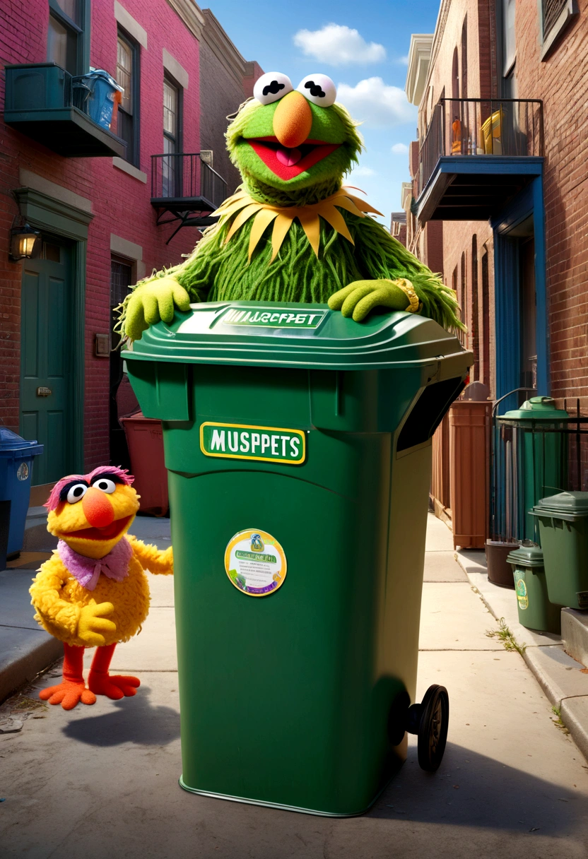 A 30 year old woman in a sheer green stocking outfit, climbing into a garbage can while Sesame Street muppets watch, (best quality,4k,8k,highres,masterpiece:1.2),ultra-detailed,(realistic,photorealistic,photo-realistic:1.37),1girl, detailed facial features, beautiful detailed eyes, beautiful detailed lips, extremely detailed face, long eyelashes, beautiful woman, elegant outfit, detailed garbage can, Sesame Street muppets, whimsical, surreal, colorful, vibrant colors, dramatic lighting