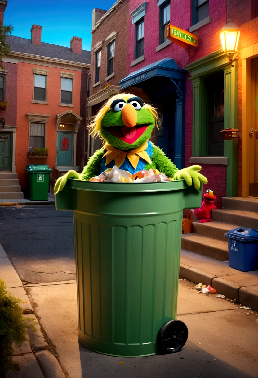 A 30 year old woman in a sheer green stocking outfit, climbing into a garbage can while Sesame Street muppets watch, (best quality,4k,8k,highres,masterpiece:1.2),ultra-detailed,(realistic,photorealistic,photo-realistic:1.37),1girl, detailed facial features, beautiful detailed eyes, beautiful detailed lips, extremely detailed face, long eyelashes, beautiful woman, elegant outfit, detailed garbage can, Sesame Street muppets, whimsical, surreal, colorful, vibrant colors, dramatic lighting