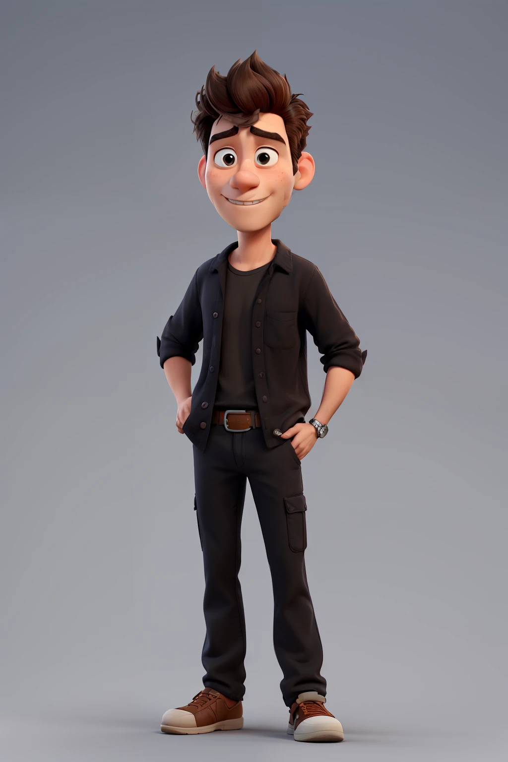 "Generate a Disney Pixar 3D style image of a man wearing a black shirt. The man must have a friendly and casual expression, with a relaxed posture. The image must be designed for use as an avatar, so the background should be simple and neutral, highlighting the animated character and the black shirt."