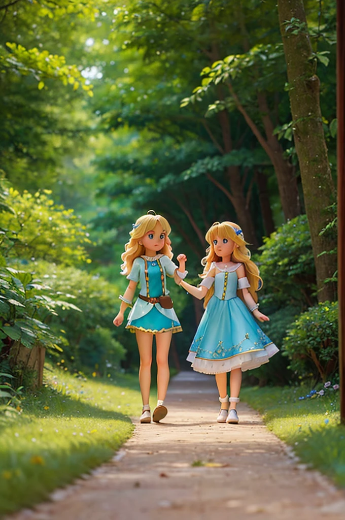 with long golden hair and bright eyes full of sparkles and a blue color, finds herself holding the hand of a fairy with short blonde hair, while they find themselves on a path with a bright road inside a fantasy forest