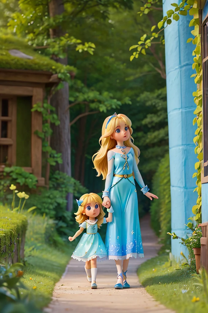 with long golden hair and bright eyes full of sparkles and a blue color, finds herself holding the hand of a fairy with short blonde hair, while they find themselves on a path with a bright road inside a fantasy forest