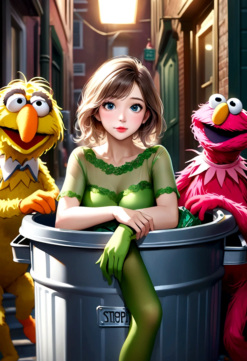A 30 year old woman in a sheer green stocking outfit, climbing into a garbage can while Sesame Street muppets watch, (best quality,4k,8k,highres,masterpiece:1.2),ultra-detailed,(realistic,photorealistic,photo-realistic:1.37),1girl, detailed facial features, beautiful detailed eyes, beautiful detailed lips, extremely detailed face, long eyelashes, beautiful woman, elegant outfit, detailed garbage can, Sesame Street muppets, whimsical, surreal, colorful, vibrant colors, dramatic lighting