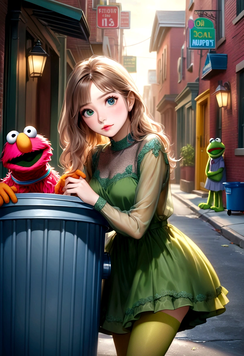 A 30 year old woman in a sheer green stocking outfit, climbing into a garbage can while Sesame Street muppets watch, (best quality,4k,8k,highres,masterpiece:1.2),ultra-detailed,(realistic,photorealistic,photo-realistic:1.37),1girl, detailed facial features, beautiful detailed eyes, beautiful detailed lips, extremely detailed face, long eyelashes, beautiful woman, elegant outfit, detailed garbage can, Sesame Street muppets, whimsical, surreal, colorful, vibrant colors, dramatic lighting
