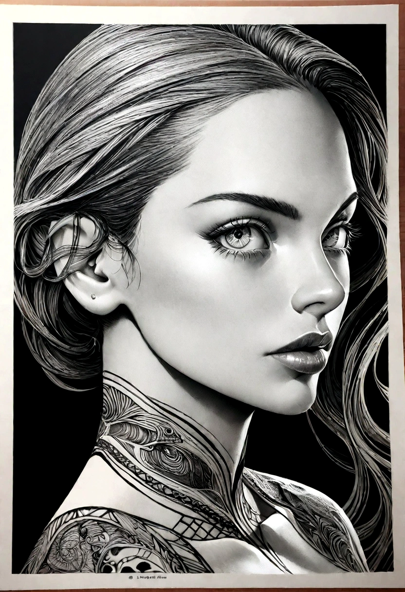 a beautiful attractive african american woman,(Aesthetic representation of Rosario Dawson as Ashoka Tano), nude skin, full body(important),athletic physique, well-toned and fit body, slender, elegant form, nude skin, intricate detailed face, detailed eyes, detailed nose, detailed lips, Hyper realistic, 8K, coloring pages for adults, intricate and bold ink illustration, incredibly detailed lines, detailed drawing in black and white, ink art,