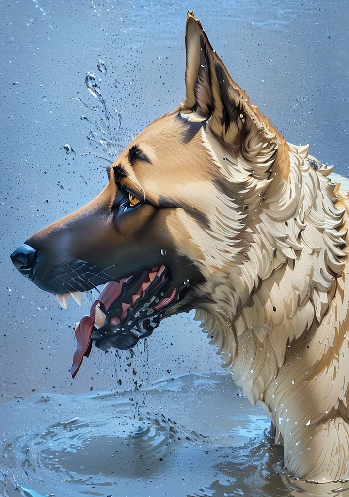 A clay sculpture of a handsome German shepherd, Canine, made from shiny wet clay, is a masterpiece.