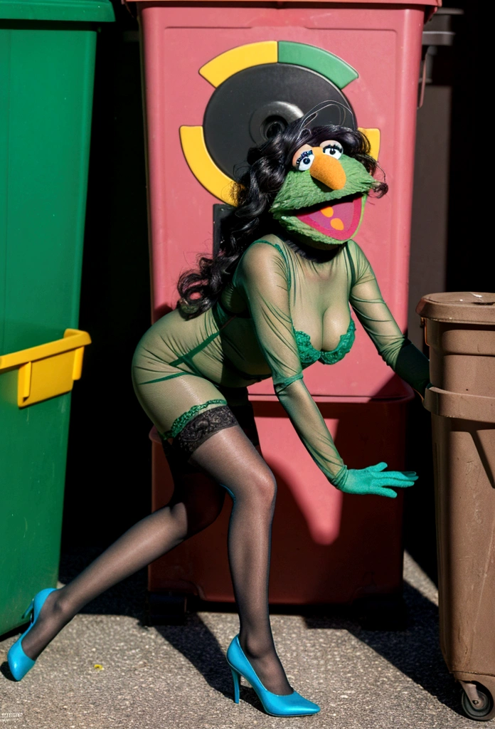 A 30 year old woman in a sheer green stocking outfit, climbing into a garbage can while Sesame Street muppets watch, (best quality,4k,8k,highres,masterpiece:1.2),ultra-detailed,(realistic,photorealistic,photo-realistic:1.37),1girl, detailed facial features, beautiful detailed eyes, beautiful detailed lips, extremely detailed face, long eyelashes, beautiful woman, elegant outfit, detailed garbage can, Sesame Street muppets, whimsical, surreal, colorful, vibrant colors, dramatic lighting