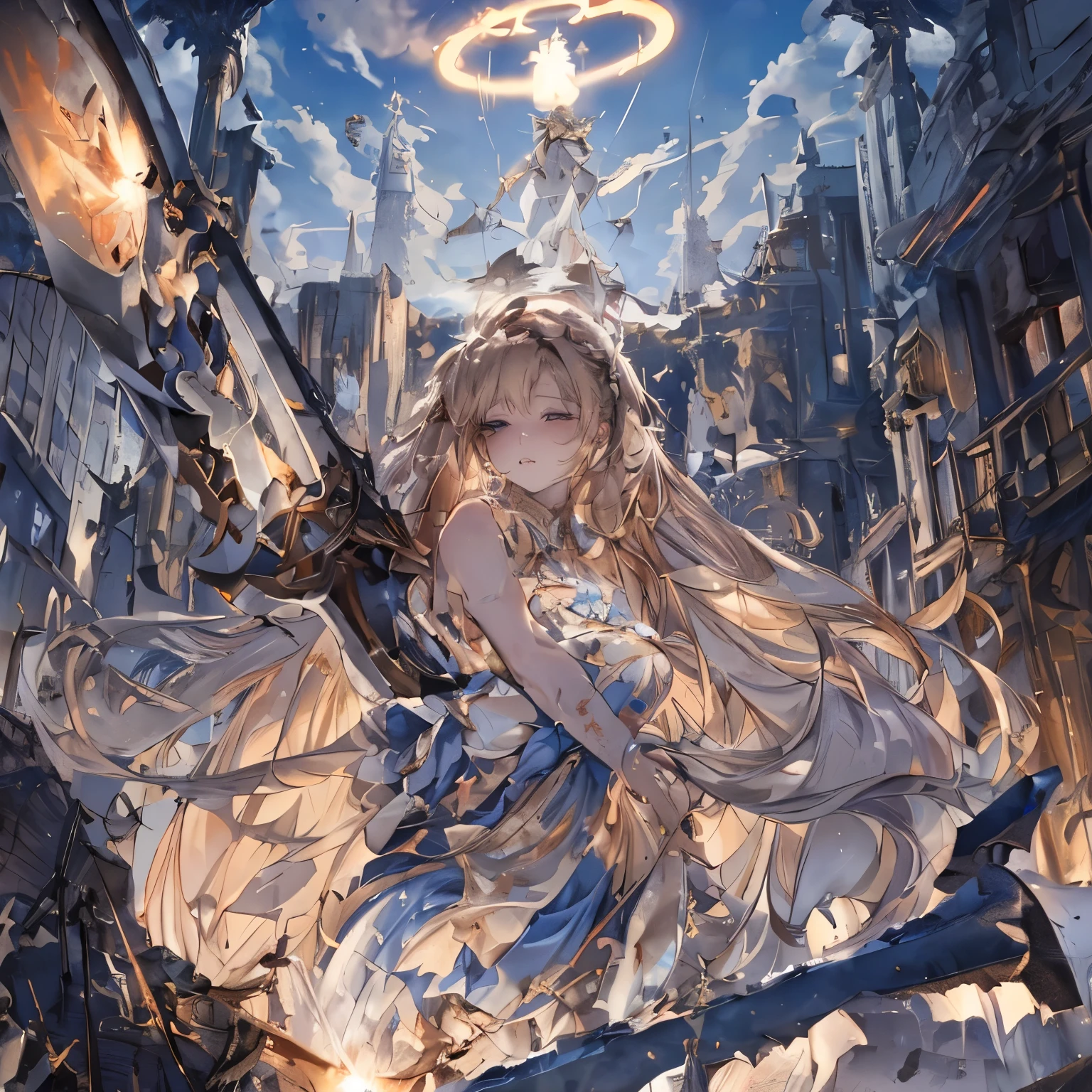 destroyed city, (100 meter tall huge goddess floating, emits light from all over the body, lost pupils, last judgment, blue flame), weapon, aerial angle from below, braid, (((halo, giant axe)))