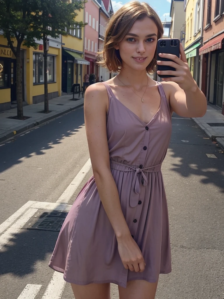 1 swedish girl, cheap phone camera quality, solo, southern belle, [Keira Knightley:0.8], dark strawberry blonde ((short)) hair, freckles, blue eyes, (Swedish face, swedish body), 25 years old, BREAK, (((selfie))), ((she's wearing: mauve dress)), sexy, seductive, smile, ((background: busy street)), BREAK, snapchat, (harsh shadows), (((Infinite focus)))
