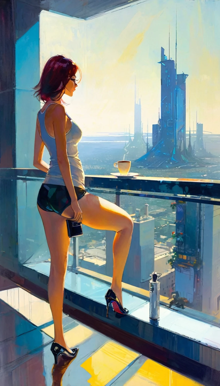 sexy girl, in a tank top and panties, having a coffee, enjoying the views from a large terrace, views of a futuristic city:1.5. (art inspired in Bill Sienkiewicz). oil painting)
